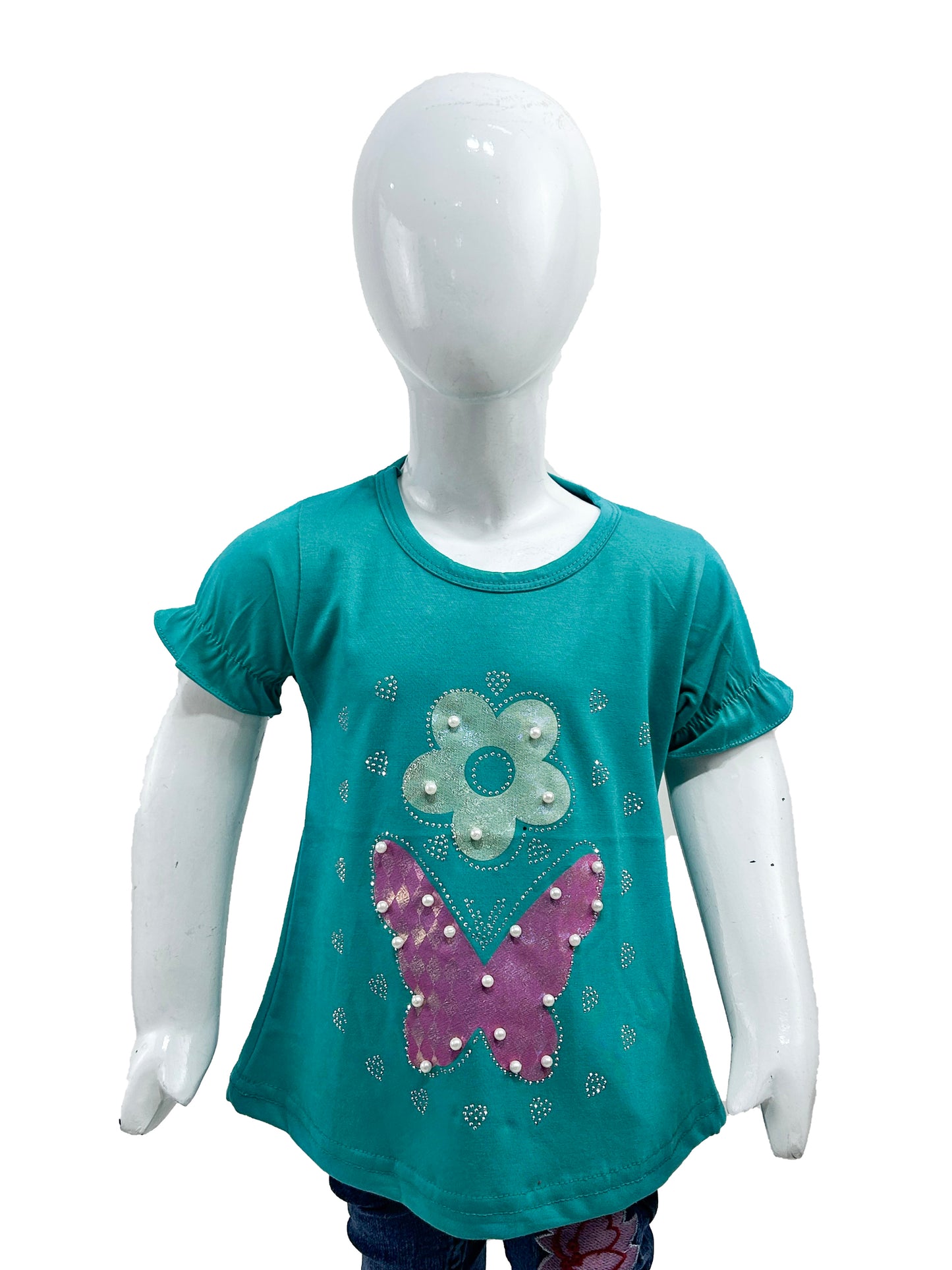2.5Yrs - 7Yrs TB Flower Ferozi T-Shirt For Girls GTS60