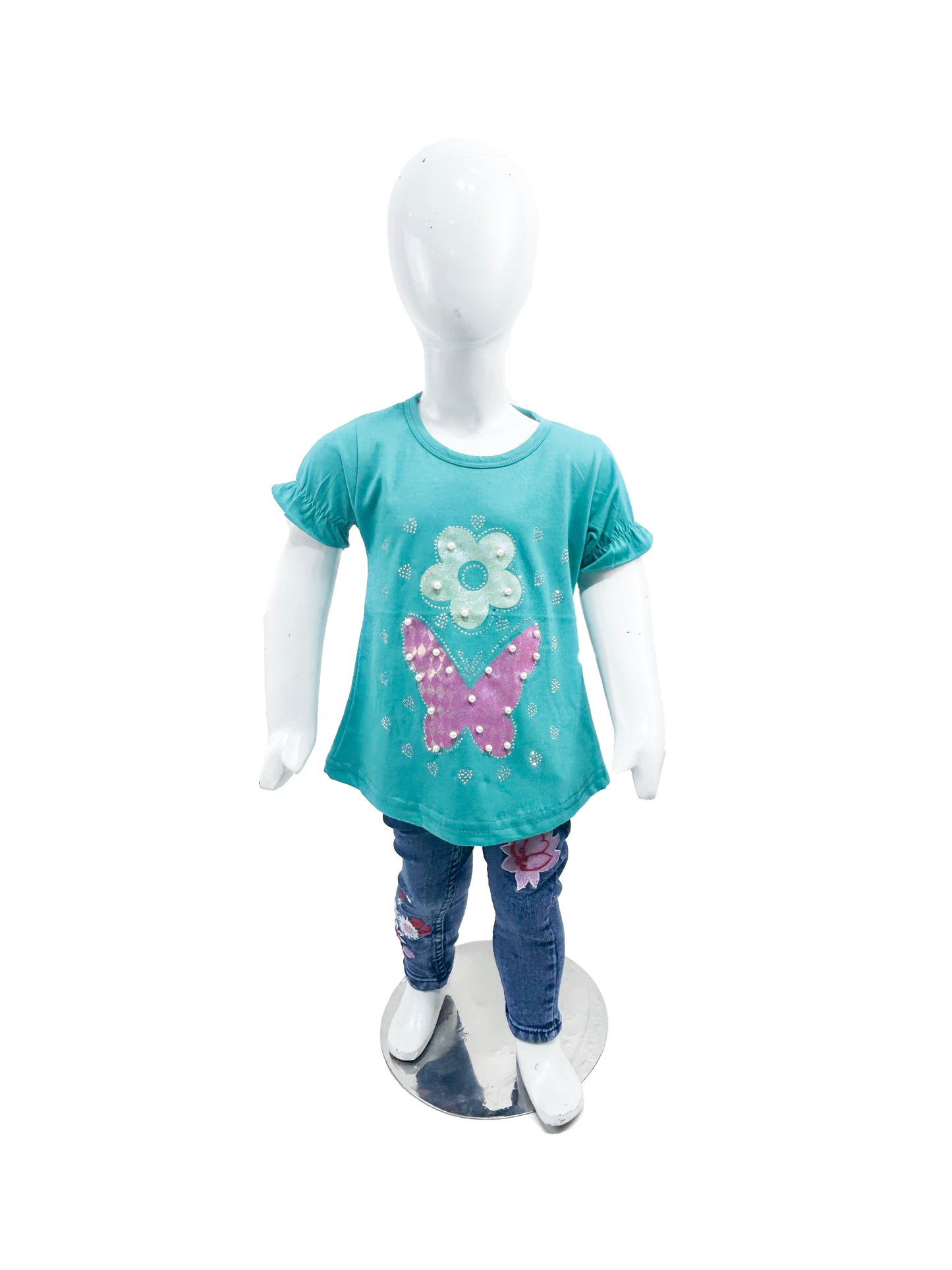 2.5Yrs - 7Yrs TB Flower Ferozi T-Shirt For Girls GTS60