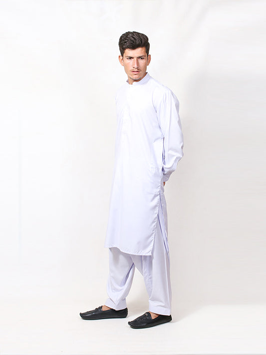 MSK74 Men's Kameez Shalwar Stitched Sherwani Collar Suit Neel White