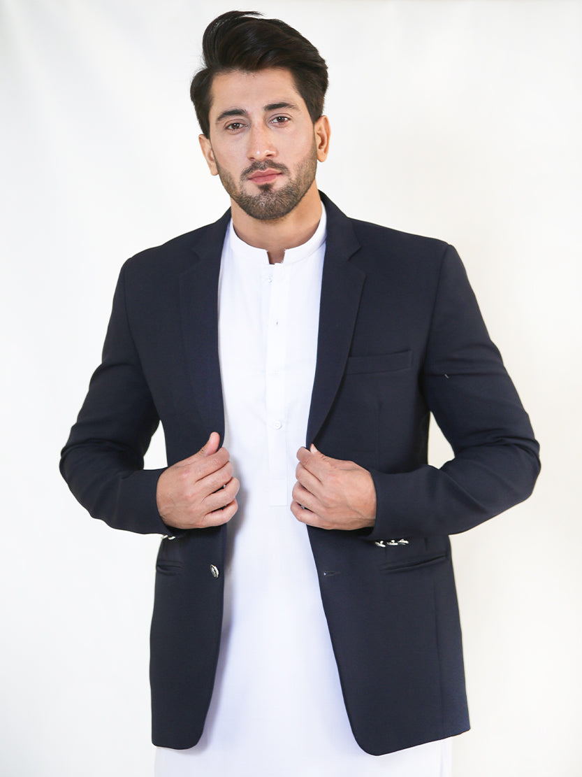 Men Casual Coat Blazer Fine Buttons Navy Blue
