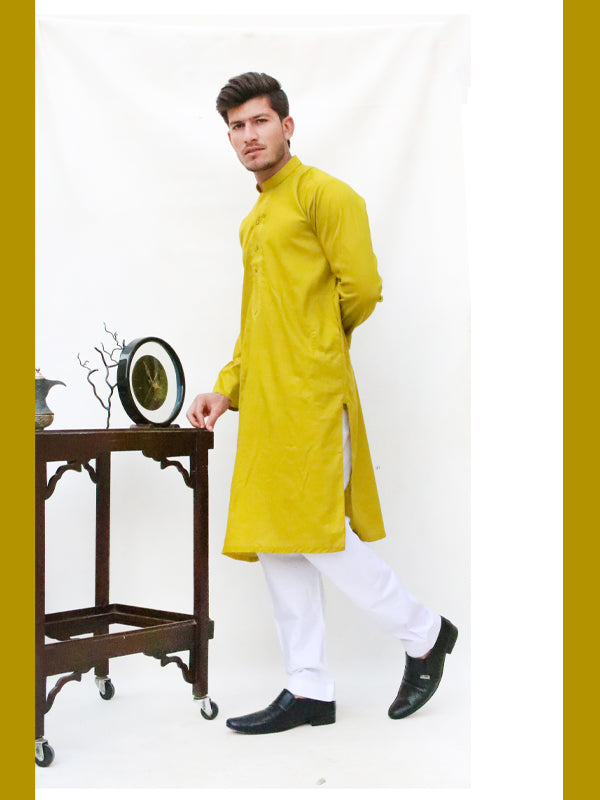 AM Men's Festive Embroidery Kurta Bright Yellow