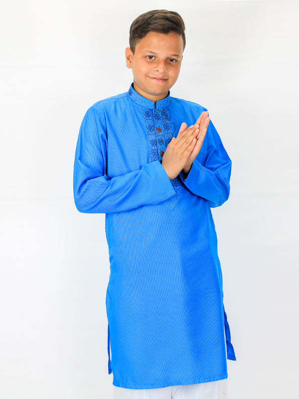 Self Lining Embroidery Kurta for Boys 6-15 YR Blue