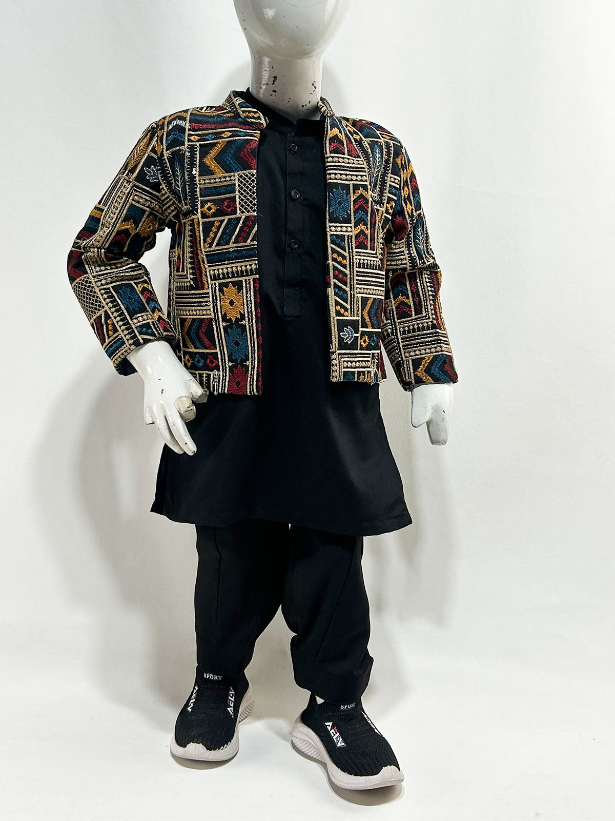 2Yrs - 14Yrs Black Shalwar Kameez with Heritage Embroidered Prince Coat BKS226