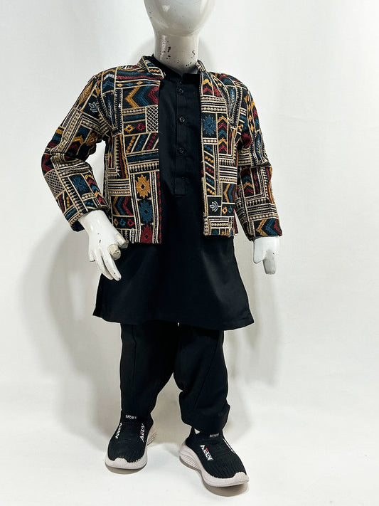 2Yrs - 14Yrs Black Shalwar Kameez with Heritage Embroidered Prince Coat BKS226