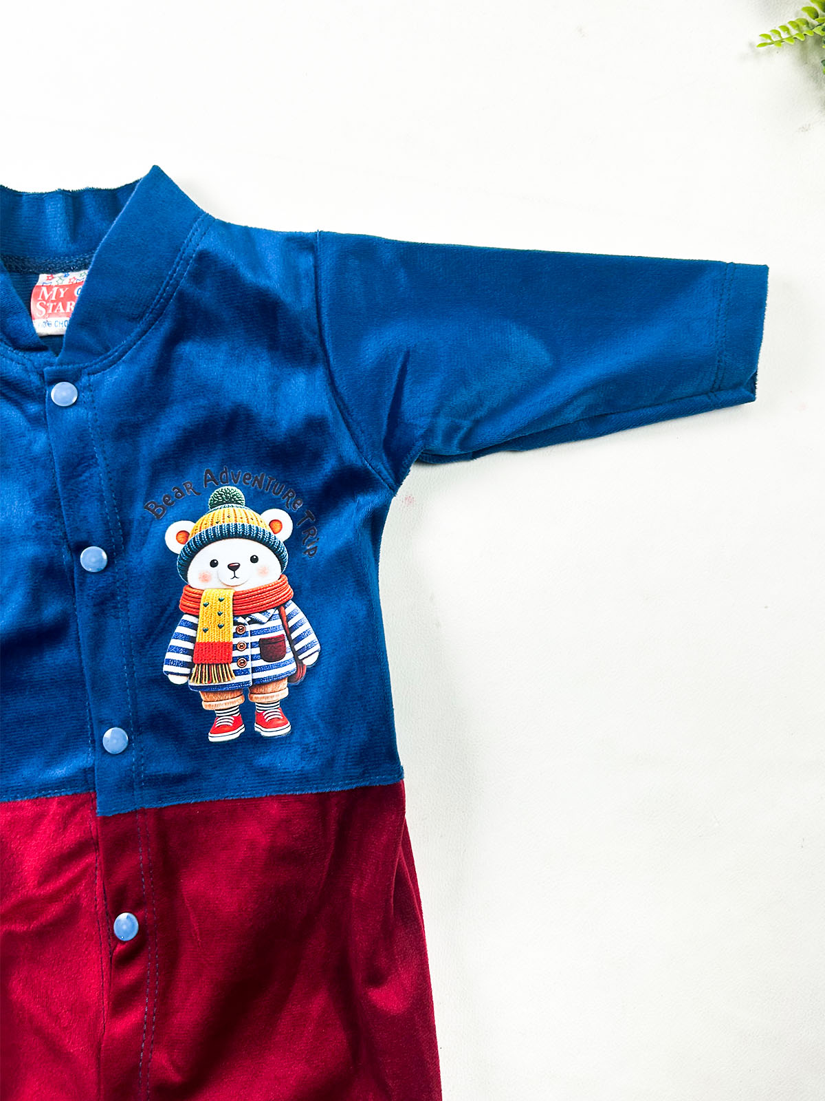 0Mth - 3Mth Royal Blue & Burgundy Velvet Romper For Newborn NBR191