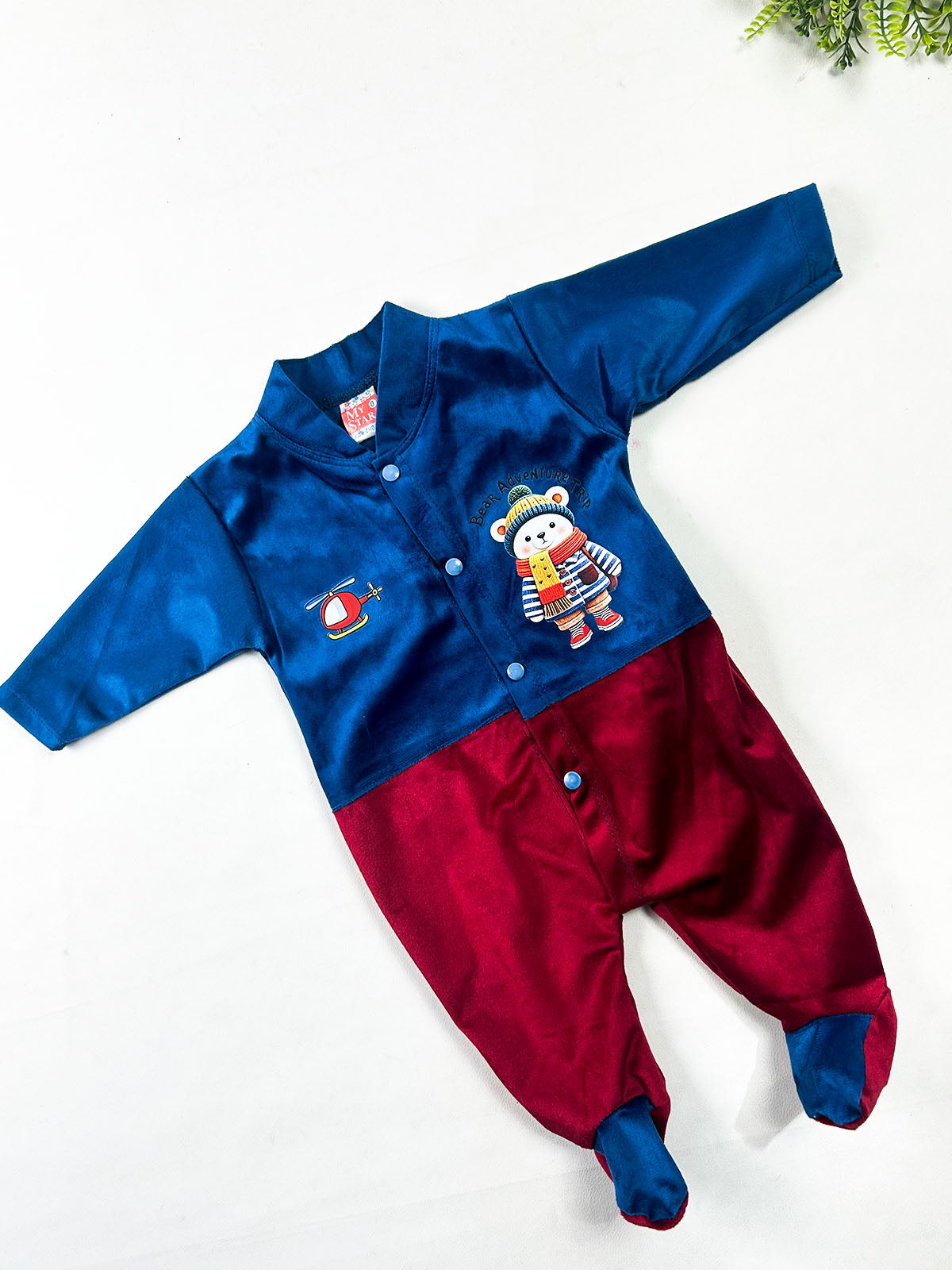 0Mth - 3Mth Royal Blue & Burgundy Velvet Romper For Newborn NBR191