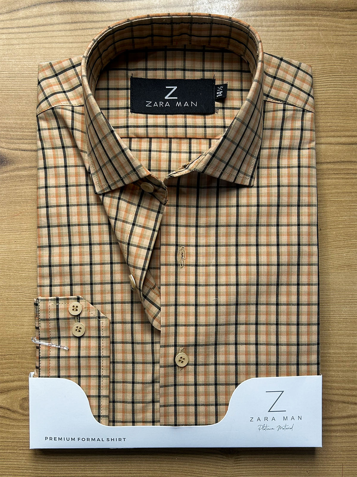 MFS744 Camel Beige Checked Formal Dress Shirt For Men