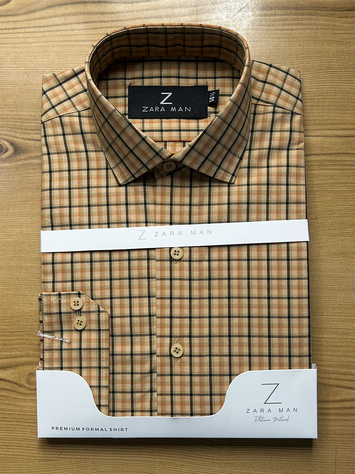 MFS744 Camel Beige Checked Formal Dress Shirt For Men