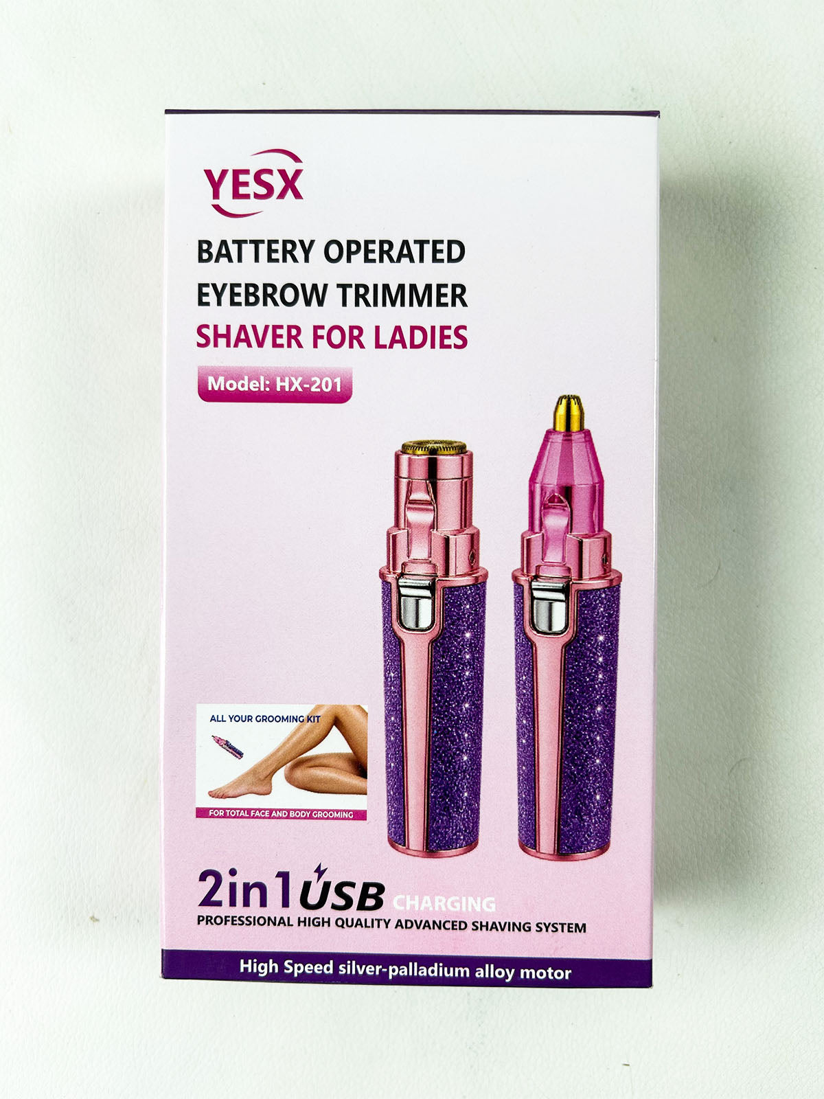 YESX HX-201 2-in-1 USB Rechargeable Eyebrow Trimmer & Facial Hair Remover For Women – Purple & Rose Gold