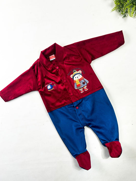 0Mth - 3Mth Burgundy & Royal Blue Velvet Romper For Newborn NBR192