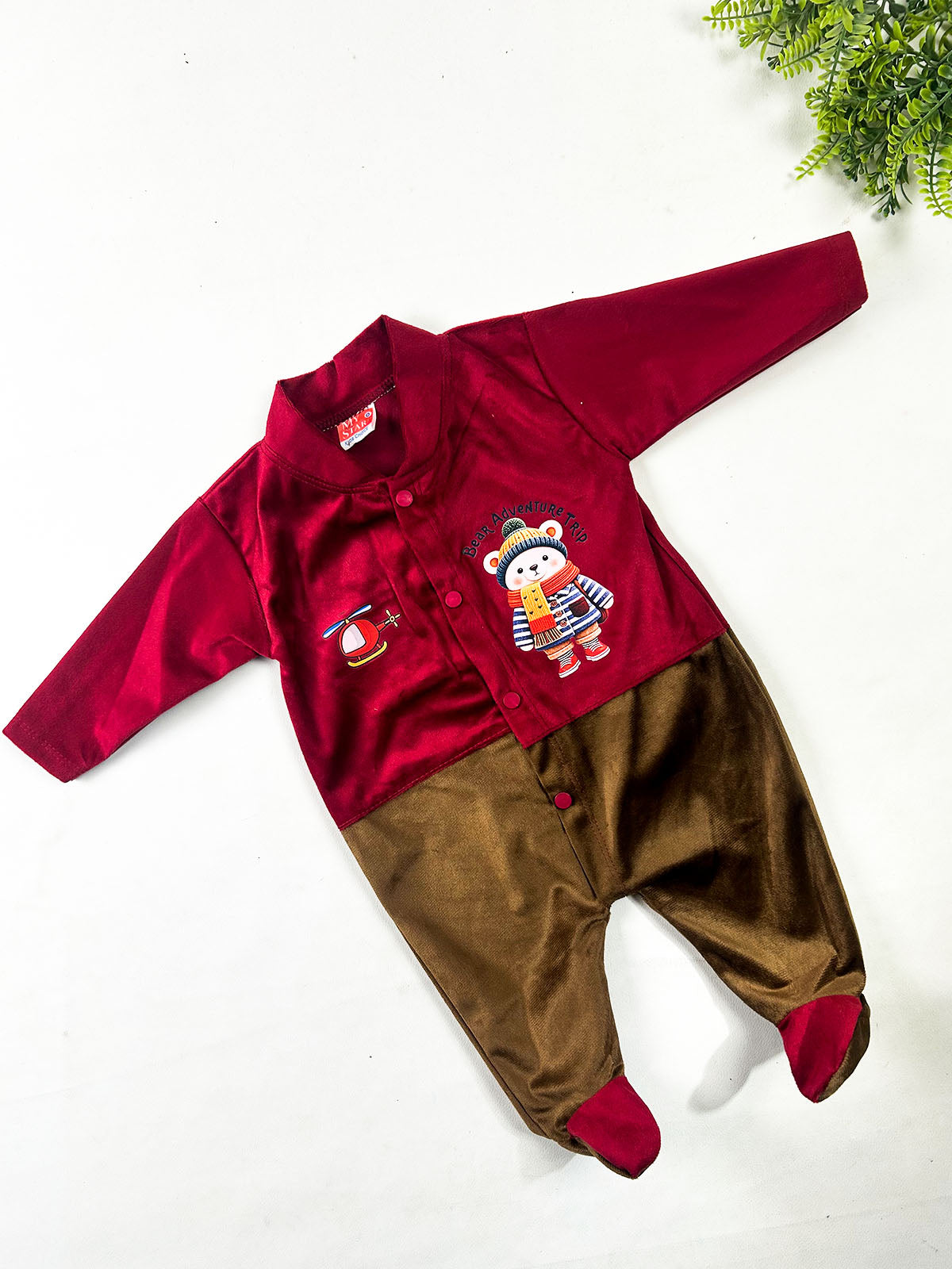 0Mth - 3Mth Burgundy & Mocha Brown Velvet Romper For Newborn NBR193