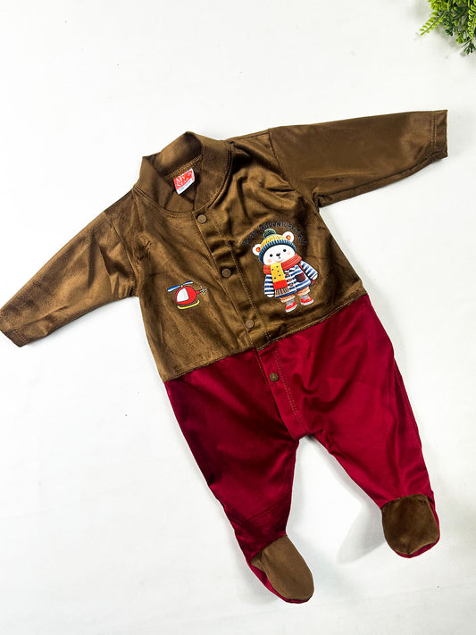0Mth - 3Mth Mocha Brown & Burgundy Velvet Romper For Newborn NBR194