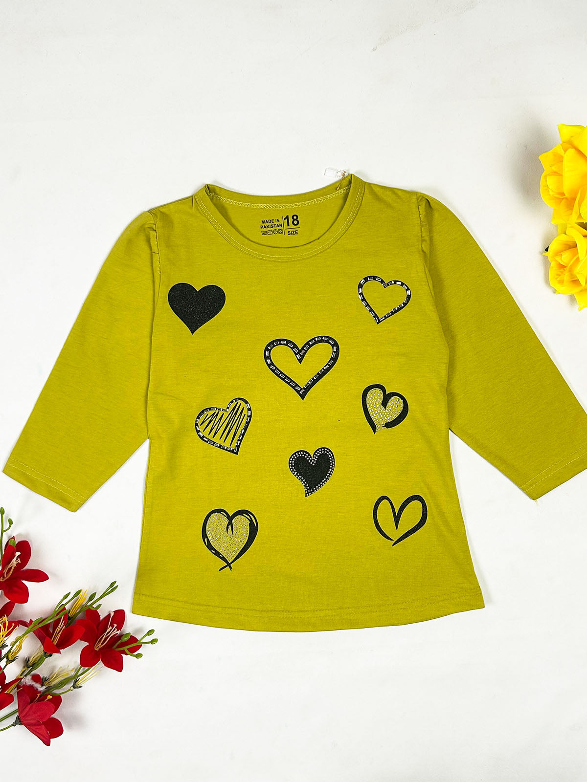 3Yrs - 8Yrs Heart Olive T-Shirt For Girls GTS140