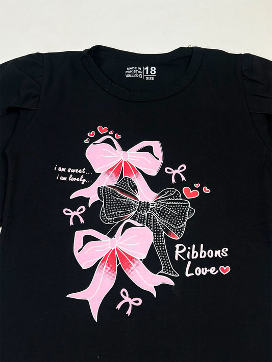3Yrs - 8Yrs Ribbon Black T-Shirt For Girls GTS137