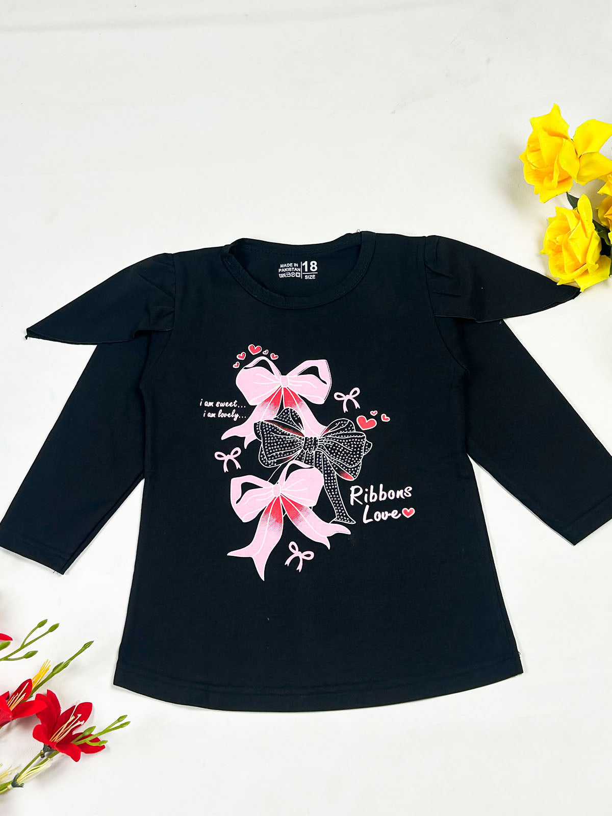3Yrs - 8Yrs Ribbon Black T-Shirt For Girls GTS137