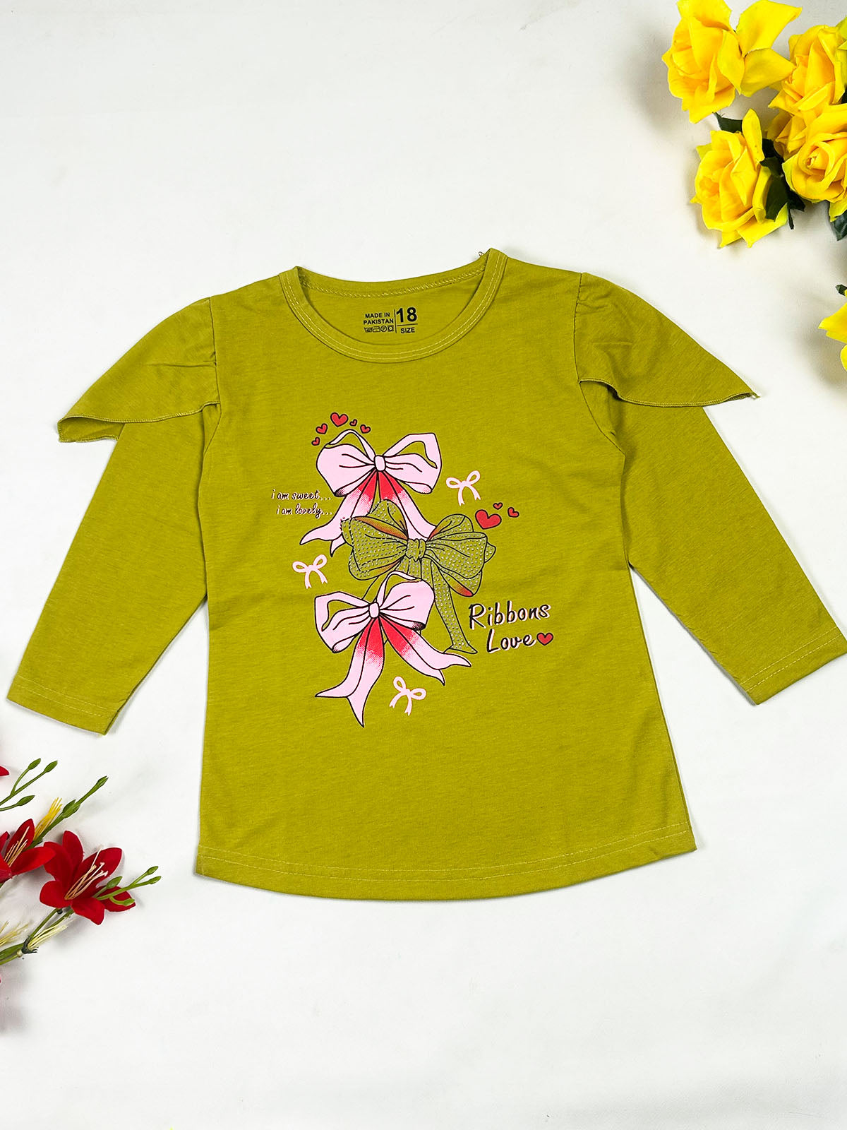 3Yrs - 8Yrs Ribbon Olive T-Shirt For Girls GTS136