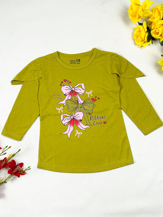 3Yrs - 8Yrs Ribbon Olive T-Shirt For Girls GTS136