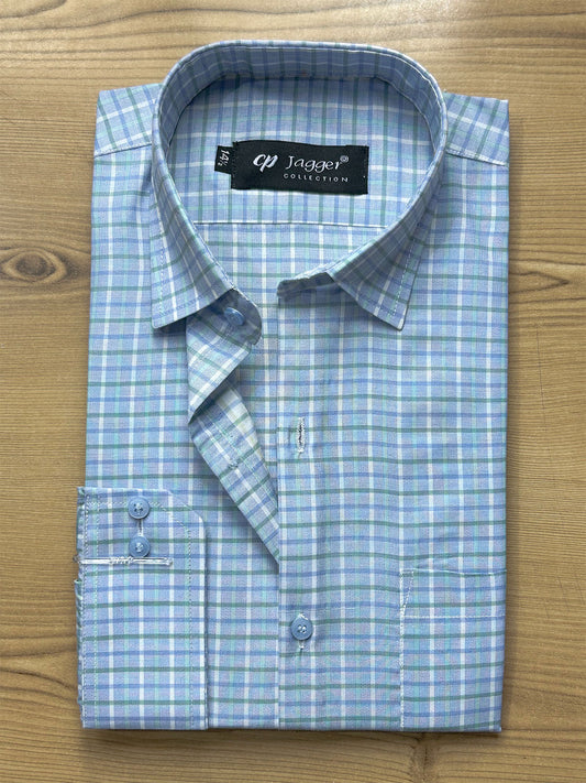 MFS716 Sky Blue Checks Formal Dress Shirt For Men