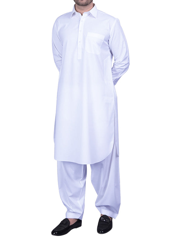 914 Men's Kameez Shalwar Stitched Suit Shirt Collar Plain White