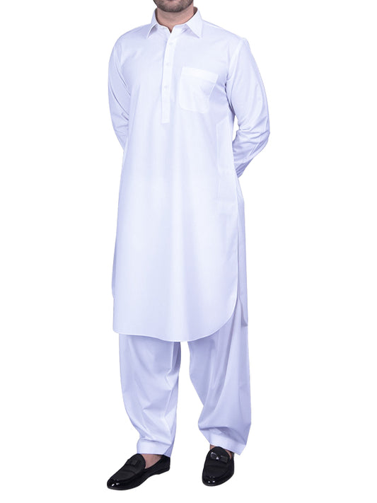 914 Men's Kameez Shalwar Stitched Suit Shirt Collar Plain White
