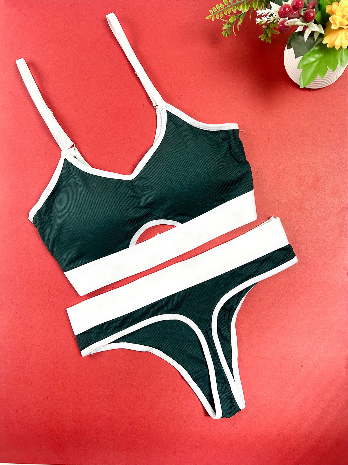 Dark Green & White Ribbed Two-Piece Bra and Panty Set for Girls and Women LB102