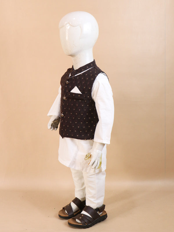 1Yrs - 5Yrs Dark Brown Waistcoat with White Kurta Pajama Suit For Boys BKS69