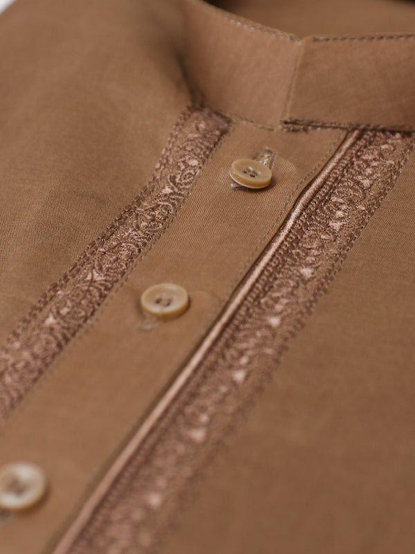 AM 100% Premium Cotton Kurta Sherwani Collar for Men Brown