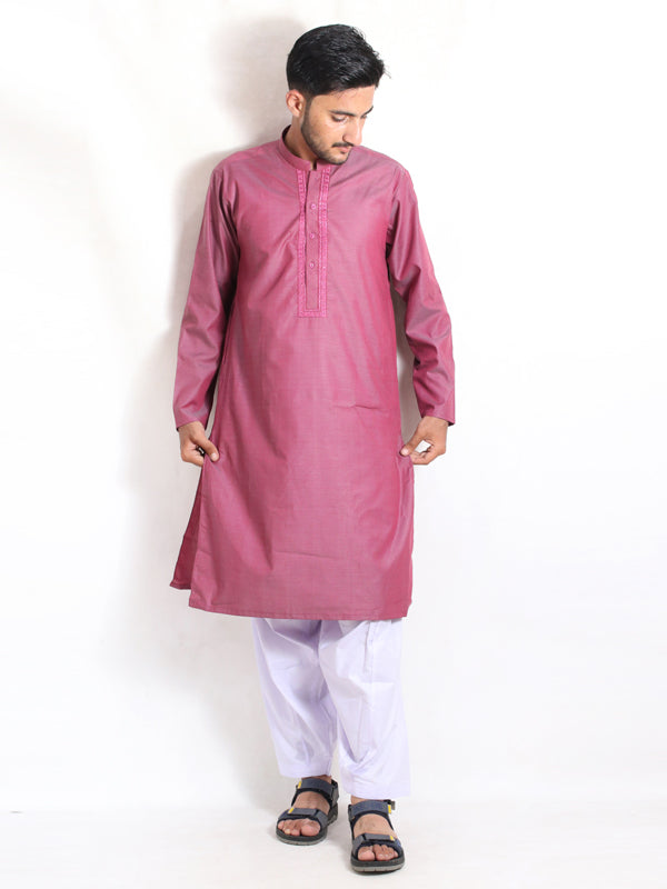 MSK27 Men's Chambray Kameez Shalwar Stitched Suit Dark Pink