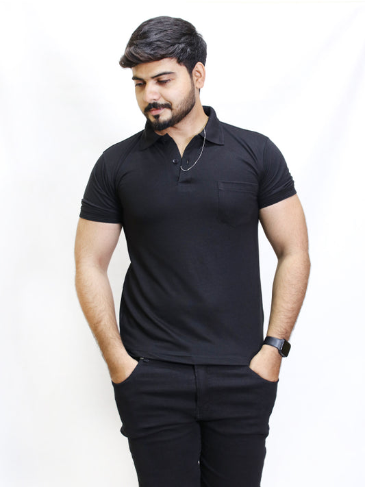 M Men's Plain Polo T-shirt Black - With Pocket