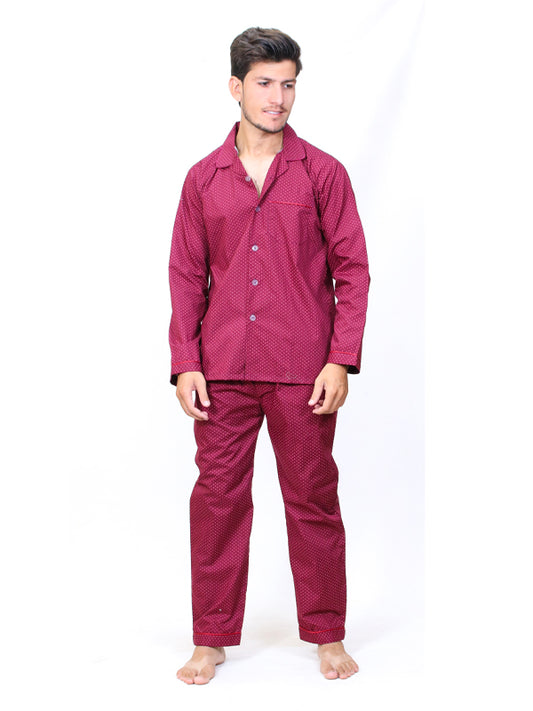Men's 100% Cotton Printed Night Suit Design 01 Maroon Red