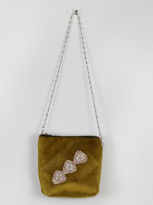 Stylish Velvet Handbag For Girls Heart Light Mustard 39