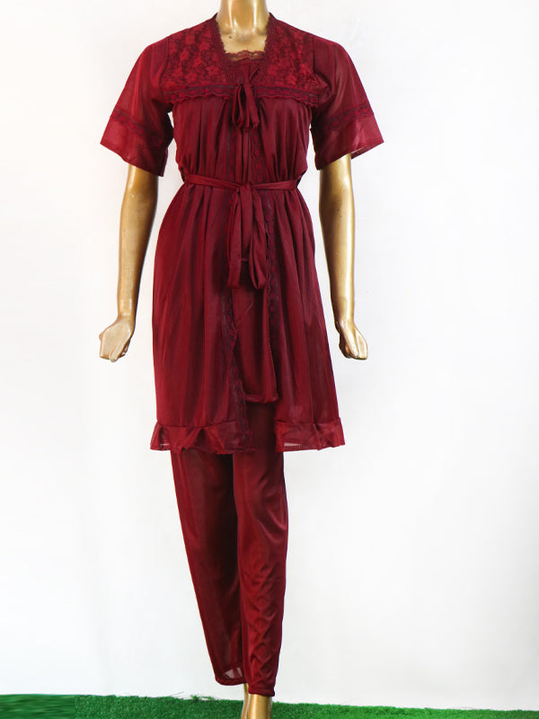 Maroon - 3Pcs Long Nighty For Women WLN01