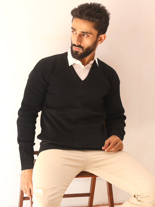 S.H Full Sleeves Plain Sweater for Men Black