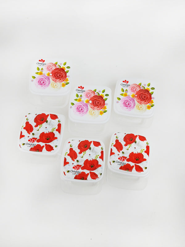 Pack of 6 Plastic Food Storage Box Square Flower Multidesign