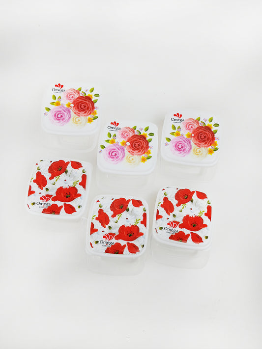 Pack of 6 Plastic Food Storage Box Square Flower Multidesign