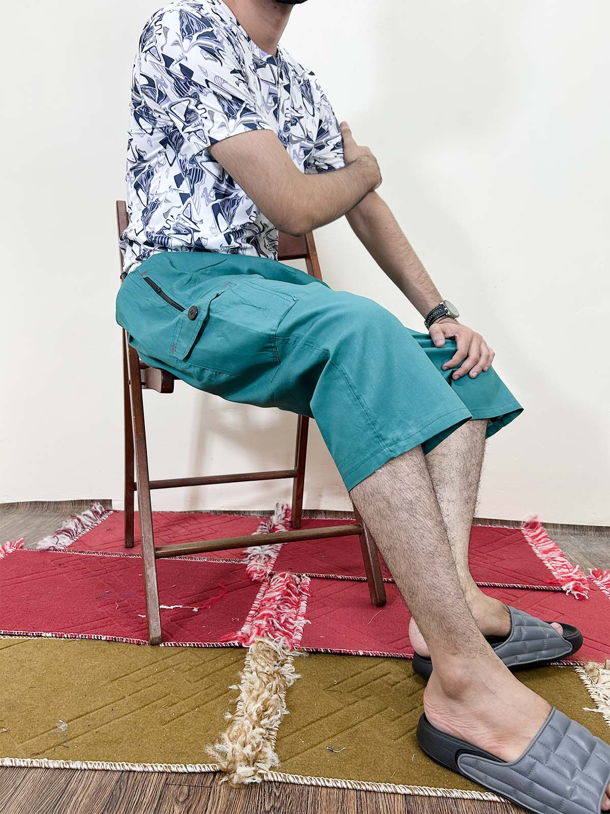 Turquoise Cargo 3-QTR Cotton Short for Men MS127