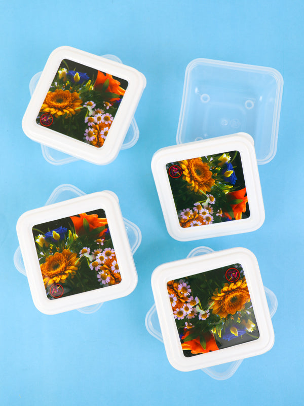 Pack of 4 Plastic Food Storage Box Muiti Flower