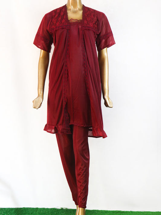 Maroon - 3Pcs Long Nighty For Women WLN01