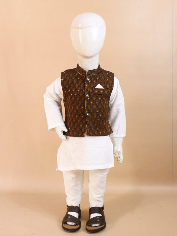 1Yrs - 5Yrs Brown Waistcoat with White Kurta Pajama Suit For Boys BKS69