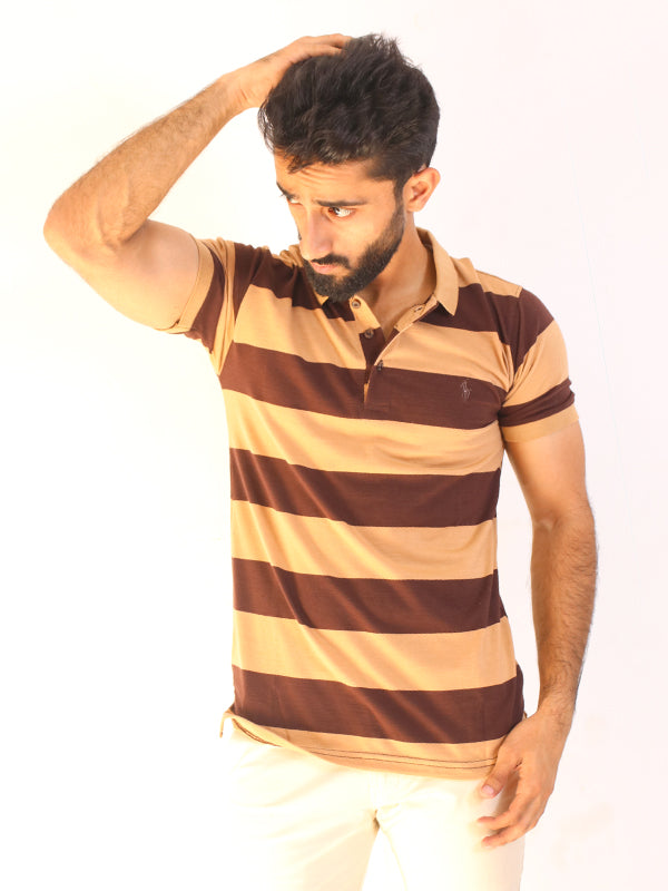 MPT04 AB Men's Brown Striped Contrast Polo Shirt