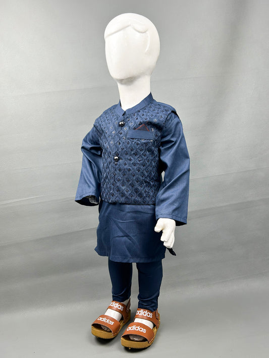 1.5Yrs - 11Yrs Navy Blue Kurta Pajama with Waistcoat For Boys BKS74