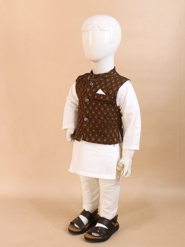 1Yrs - 5Yrs Brown Waistcoat with White Kurta Pajama Suit For Boys BKS69