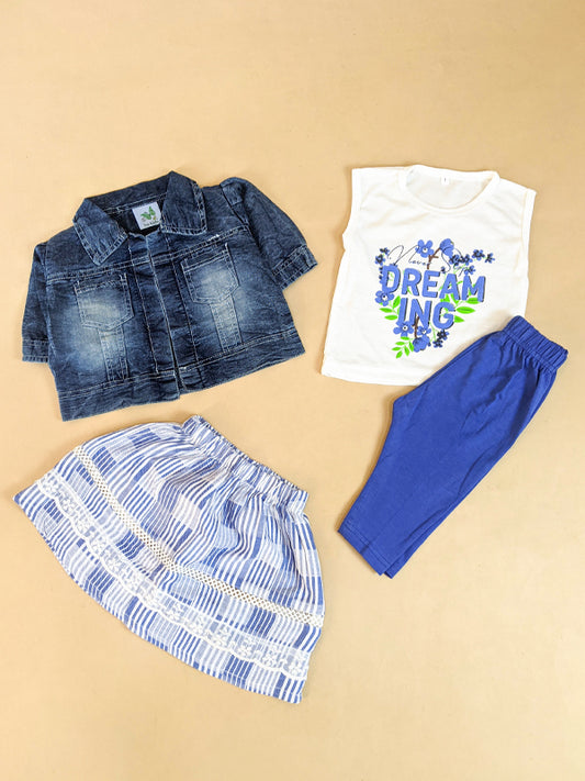 1Yrs - 4Yrs 4Pcs Blue Denim Suit For Girls GS267