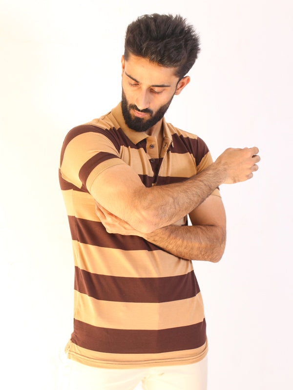 MPT04 AB Men's Brown Striped Contrast Polo Shirt