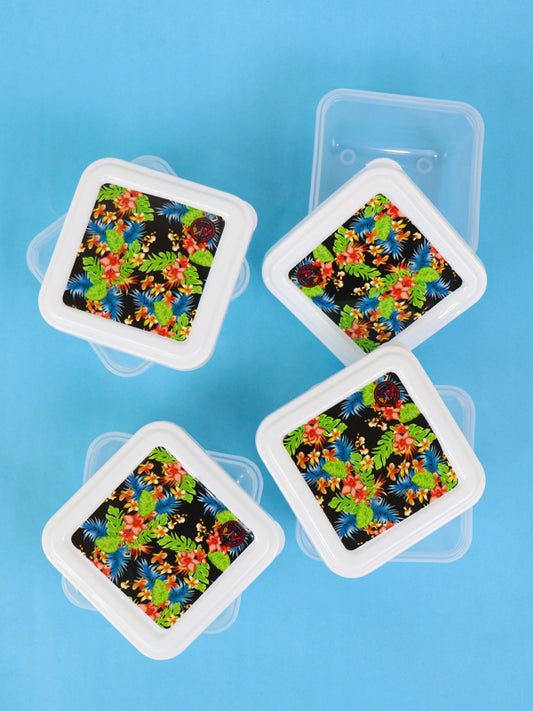 Pack of 4 Plastic Food Storage Box Black Flower