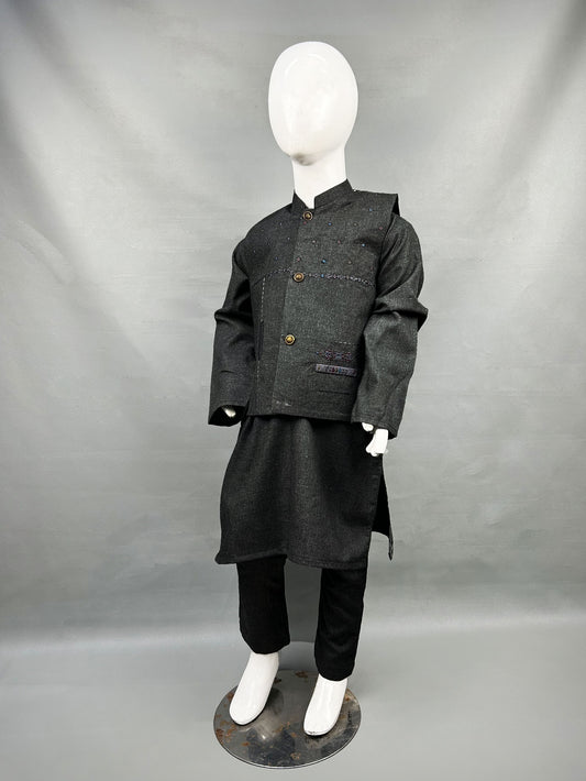 5Yrs - 11Yrs Dark Grey Kurta Pajama with Waistcoat For Boys AM BKS81