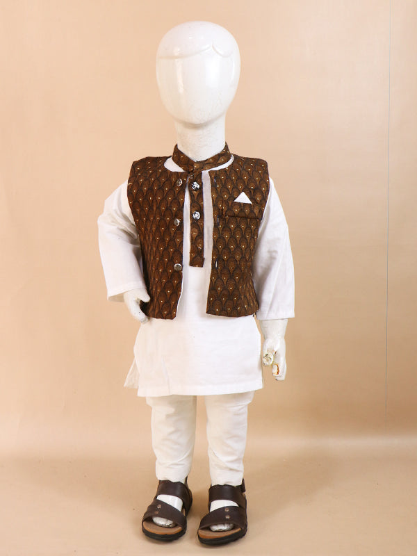 1Yrs - 5Yrs Brown Waistcoat with White Kurta Pajama Suit For Boys BKS69