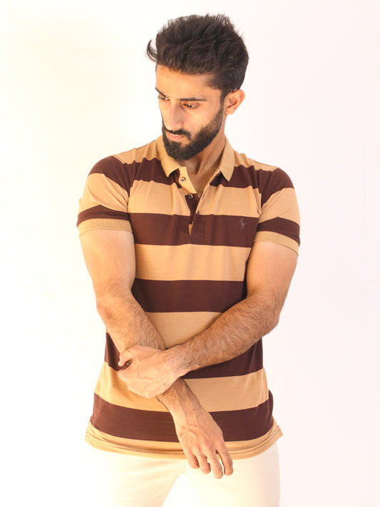 MPT04 AB Men's Brown Striped Contrast Polo Shirt