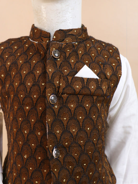 1Yrs - 9Yrs Brown Waistcoat with White Kurta Pajama Suit For Boys BKS69