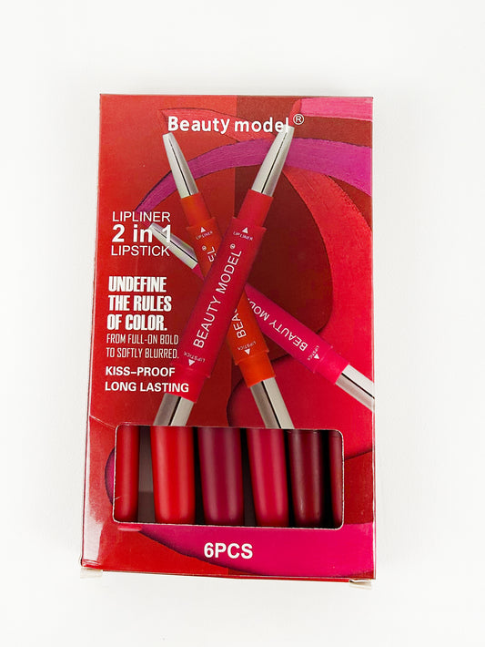 Pack of 6Pcs Beauty Model 2 in 1 Lipstick + Lip liner